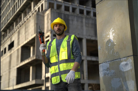 High Visibility Safety Vest With Reflective Strips And Zipper, Yellow XL worn by construction worker holding drill on site