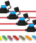 Heavy Duty 12V Waterproof Inline Fuse Holder Kit For Auto Truck Marine RV And Boat Rigs Featuring 35 Assorted Car Fuses, showing four fuse holders with red wires and assorted fuses.