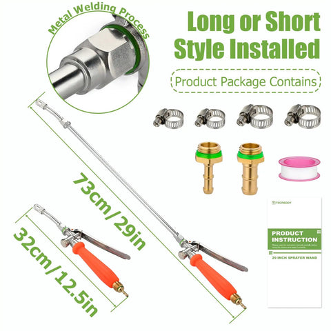 All Metal 29 Inch Sprayer Wand For Tank Sprayers With Stainless Steel Extension Tubes And Brass Barbs One Quarter Inch And Three Eighths Inch Joints Heavy Duty Lawn Care And Plant Watering Accessory kit with orange handle