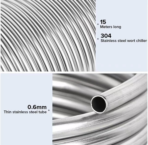 Stainless steel wort chiller tubing coil, 15 m long, 0.6 mm wall, 304 grade, for beer brewing