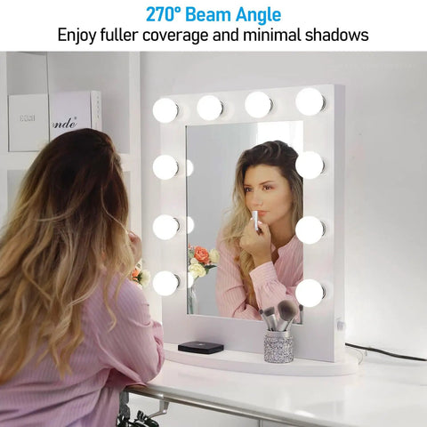 Woman applying lipstick in a bathroom vanity mirror lit by G25 LED Globe Light Bulbs 5W 40W Equivalent Dimmable 450 Lumens 5000K Daylight E26 Base UL Listed Pack of 6 for Bathroom Vanity Mirror Home Decor Energy Saving