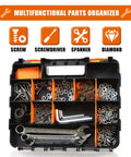 Grab And Go Double Sided Tool And Hardware Storage Box With Removable Dividers Portable Small Parts Organizer For Tools Hardware And Jewelry 34 Compartments Heavy Duty Plastic Black And Orange filled with assorted tools and hardware.