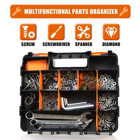 Grab And Go Double Sided Tool And Hardware Storage Box With Removable Dividers Portable Small Parts Organizer For Tools Hardware And Jewelry 34 Compartments Heavy Duty Plastic Black And Orange filled with assorted tools and hardware.