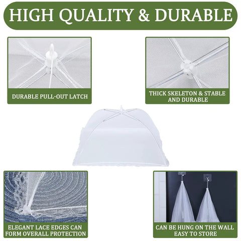 Close-up of 7 Pack Outdoor Mesh Food Covers Set with one extra large and six standard collapsible food tents displaying features.