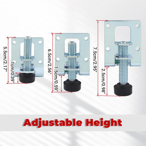 Three 4 Pack 2.36 Inch Adjustable Furniture Leveling Feet Heavy Duty L Shaped Leveler Legs in different heights with measurements.