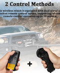 Ultimate Heavy Duty Electric Winch Kit For Jeep And Truck Featuring Steel Cable remote control in hand with wireless controller.