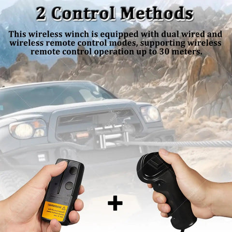Heavy Duty 3500 LBS Electric Winch Kit For Jeeps And Trucks With Dual Wireless Remote Control in hand, showing control methods.