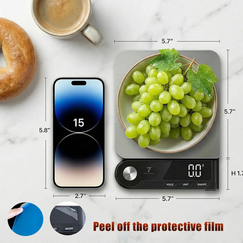 Digital Kitchen Scale With Pull Out Display 0.1g Precision 11 Lb 5 Kg Capacity LED Backlit USB Rechargeable Stainless Steel Platform Five Unit Options Dialed In For Coffee And Baking displaying grapes