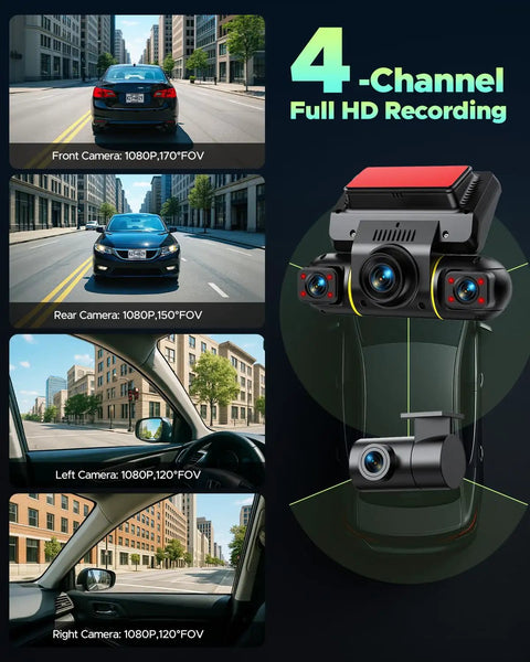 360 Degree View 4 Channel Dash Cam For Cars With Front Rear Left And Right Coverage 5G WiFi App Control display