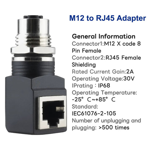 M12 To RJ45 X Code 8 Pin Shielded IP68 Industrial Ethernet Adapter with specifications for Basler Cognex cameras