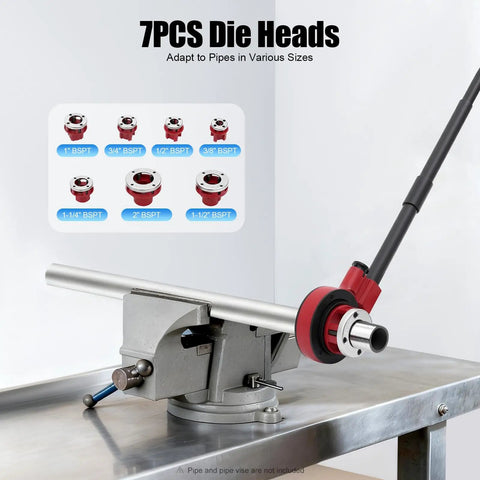Heavy Duty 2300W Electric Pipe Threader Machine With Copper Motor For Galvanized Steel And Iron, showing 7 die heads for various pipe sizes.