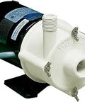 Inline Magnetic Drive Pump 1/30 HP 115 Volt 510 GPH Non Submersible For Mildly Corrosive Liquids with white polypropylene casing