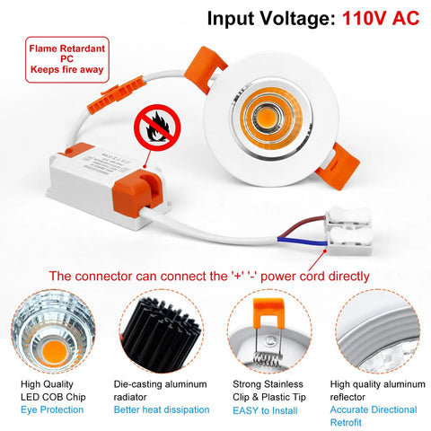 2 Inch LED Downlight 3W Recessed COB Dimmable Ceiling Light 3000K Warm White With CRI80 And Built In Driver details
