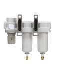Front view of Three Stage Air Drying System All In One With Particulate Filter And Coalescing Filter And Pressure Regulator, metal bowl.