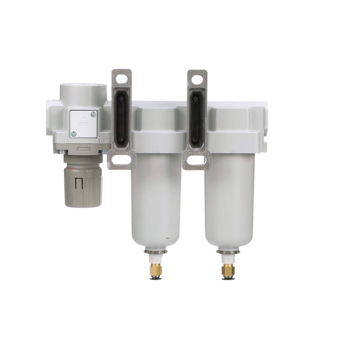 Front view of Three Stage Air Drying System All In One With Particulate Filter And Coalescing Filter And Pressure Regulator, metal bowl.
