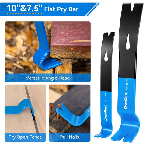 4 Piece Pry Bar Set With 12 Inch Cat's Paw Nail Puller, 10 Inch And 7.5 Inch Flat Pry Bars, 8 Inch End Cutting Pliers, Nail Removal And Scraping Tool Kit For Baseboards, Flooring, Lifting, And Prying, Includes Gloves For DIYers. 10 and 7.5 in flat pry bars