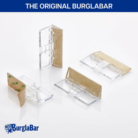Clear and beige plastic locks from Four Pack Hinge Style Sliding Door Lock Security Kit For Sliding Glass Doors And Windows Easy Install Child Proof Patio Door Locks For Extra Home Safety Durable And Simple To Install For Quick Home Safety Upgrade shown separately.