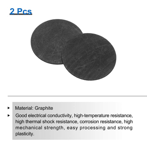 Two Premium Grade Round Graphite Disk Block Sheets 20x1mm for melting, casting, and electrolysis shown on a white background.