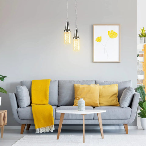 Living room with beer bottle shaped RGB dimmable LED pendant light with smart app timer and schedule, Alexa compatible, height adjustable 6W.