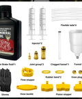 Shimano Hydraulic Brake Bleed Kit For Disc Brakes, Easy To Use Bike Hydraulic Bleed Tool With 150ml Mineral Oil Fluid, Includes Metal Adapter For Most Shimano Models, Quick Maintenance For Mountain And Road Bikes displaying full kit with components.