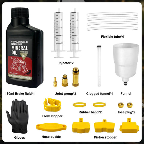 Shimano Hydraulic Brake Bleed Kit For Disc Brakes, Easy To Use Bike Hydraulic Bleed Tool With 150ml Mineral Oil Fluid, Includes Metal Adapter For Most Shimano Models, Quick Maintenance For Mountain And Road Bikes displaying full kit with components.