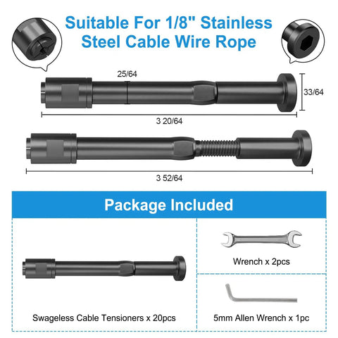 Diagram of Swageless Cable Railing Tensioners One Eighth Inch, Twenty Pack, Black Stainless Steel 316 Fittings, included wrenches