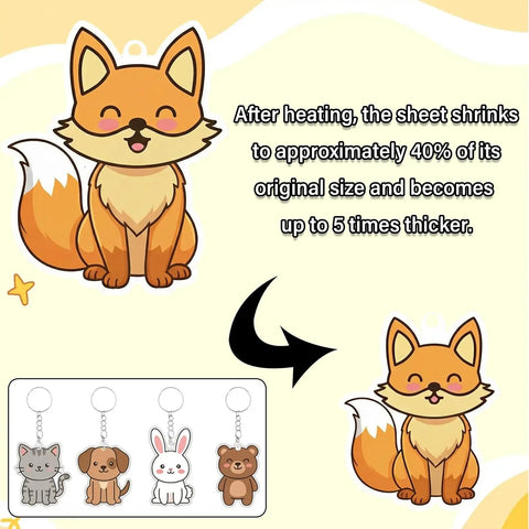 Cartoon fox keychain from 161 Piece Shrink Plastic Keychain Making Kit With 30 Sheets, Includes Hole Punch, 20 Lobster Clasps