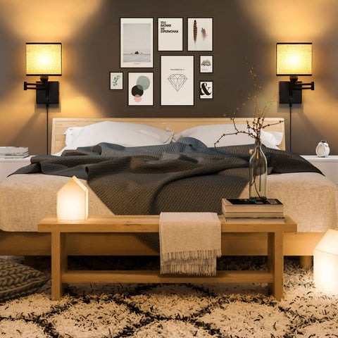 Bedroom with Set Of 2 Plug In Wall Lamps With Swing Arm Sconces, Dimmable Corded Lights, Black Fabric Shade, Square Fixtures