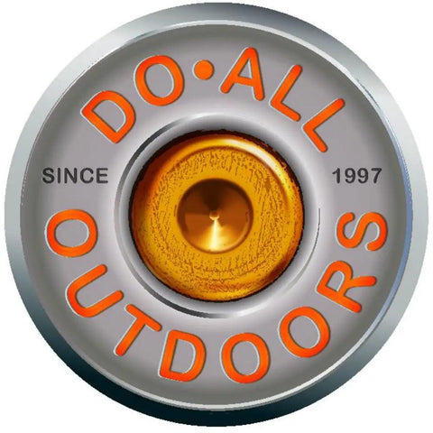 Logo resembling bullet casing with 'Do-All Outdoors' written in orange. Auto Reset Pro Steel Target For High Caliber Guns Built Tough Beefy Steel.