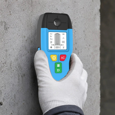 6-in-1 Stud Finder Wall Scanner Auto Shutoff LCD (Blue) held against concrete wall, showing detailed LCD screen and buttons.