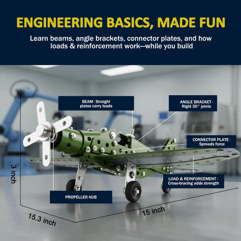 Metal Airplane Building Kit For Kids Ages 8 16 285 Piece DIY Mechanical Engineering Set with labeled parts on display