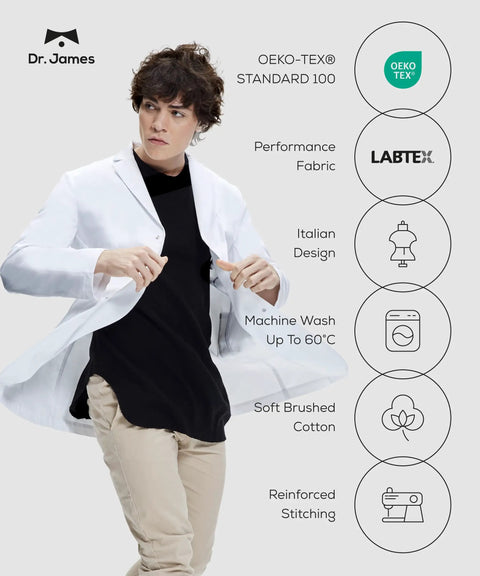 Premium Unisex Lab Coat With Phone And Tablet Pockets 39 Inch Classic Fit Snap Closure 100 Percent Cotton Comfort For Men And Women Durable Medical Workwear For Pros And Students shown on model with design features.