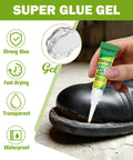 Applying clear gel cyanoacrylate adhesive for plastic metal and wood on a shoe sole, pack of 12 minis, quick-dry formula shown.