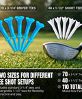 Stepped Golf Tees Set 110 Count Plastic Tees With Fixed Height Stops featuring 70 three-quarter inch and 40 one-half inch tees.
