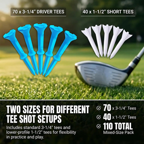 Stepped Golf Tees Set 110 Count Plastic Tees With Fixed Height Stops featuring 70 three-quarter inch and 40 one-half inch tees.