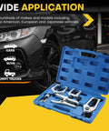 5 In 1 Ball Joint Separator Kit With Pitman Arm Puller And Tie Rod End Tool Set showcased with car and open blue case