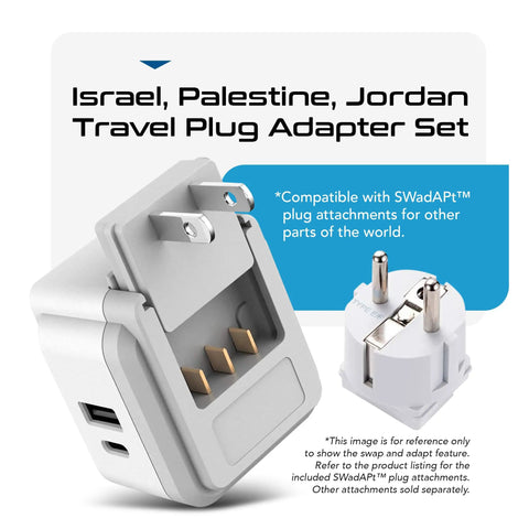 Middle East travel plug adapter set with USA sockets, USB ports, and Type H plug for Israel, Jordan, and Palestine.