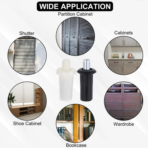 Top Shelf Cabinet Door Repair Pins Heavy Duty Metal Plastic Damper Hardware 20 Pack shown with applications for cabinets and wardrobes.