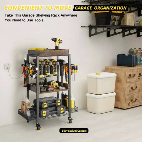 Power Tool Organizer Rolling Cart For Garage Storage And Workshop Organization Tool Rack And Drill Holder Shelving On Wheels
