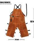 Split Leg Leather Welding Apron For Men with tool pockets, heat and flame resistant cowhide, 24x52 inches, displayed front view.