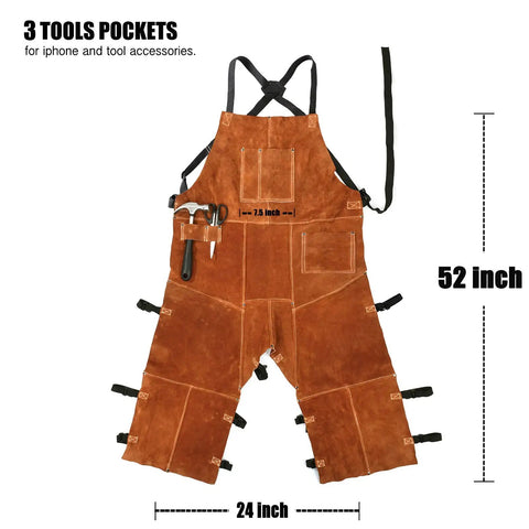 Split Leg Leather Welding Apron For Men And Women, Heat Resistant And Flame Resistant Bib Apron, Heavy Duty Cowhide Leather, 24 By 52 Inches, One Size Fits Most, Knee High Full Coverage For Safe Welding shown flat with tool pockets