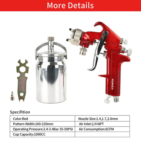 Top Shelf Siphon Feed Spray Gun With Stainless Steel Nozzles And Needles, One Liter Paint Cup, Pulls Six Cubic Feet Per Minute Air Flow, Knockout Finish For Smoother Auto Detailing, Fine Woodwork And Custom Metal Coating, red spray gun and aluminum paint cup.