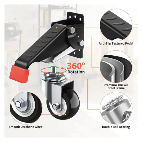 4 Pack Workbench Casters Kit with retractable heavy duty wheels, double ball bearing, anti-slip pedal, and 360 rotation feature.