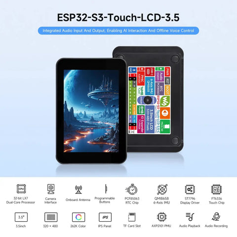 Slick Esp32-S3 Maker Board With A Smooth 3.5 Inch Ips Capacitive Touchscreen, showcasing dual-core processor and features.