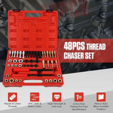 Thread Chaser Set 48 Piece Heavy Duty Pro Grade Thread Repair Tool Kit For UNC UNF And Metric Threads Including 24 Dies