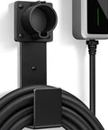 Heavy Duty Stainless Steel EV Charger Holder For J1772 Connectors Wall Mount Cable Organizer on a white wall with secured cable.