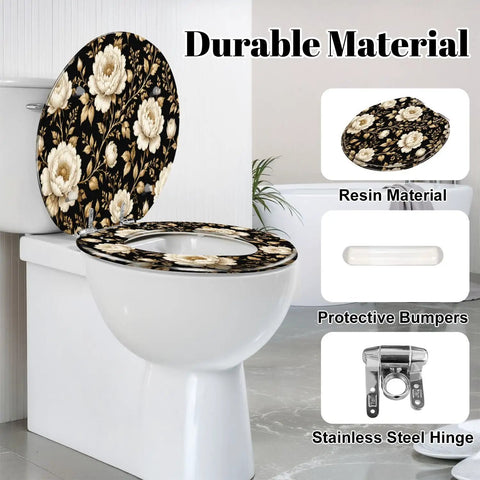 Round Peonies roses Floral vintage seamless Gold white flowers Toilet Seat on a porcelain toilet with durable resin and stainless steel hinge.