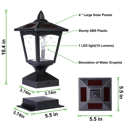 Outdoor Solar Powered Post Cap Lights For 4x4 Wood Posts, Waterproof Lantern Caps details and dimensions view