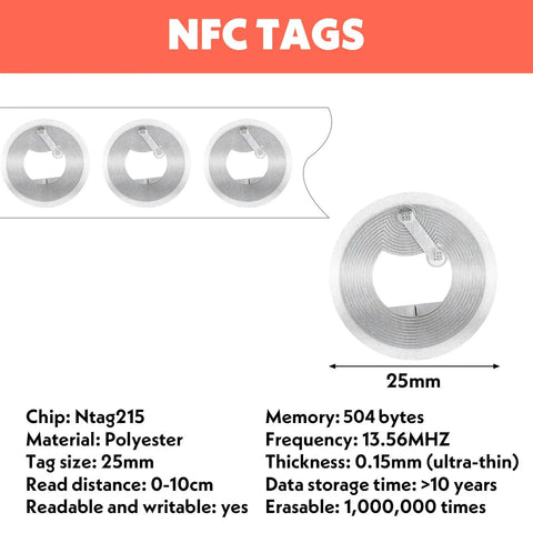 50 Pcs NFC Tags Stickers With NTAG215 Chip Rewritable Transparent Adhesive Labels Round 1 Inch Coins, 25mm Diameter
