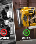 Slick 2In1 Cordless Brad Nailer And Staple Gun Works With 20V Batteries For Woodworking And Home DIY Tasks No Sweat Operation Includes 1000 Nails side-by-side comparison of cordless and corded brad nailers during use.